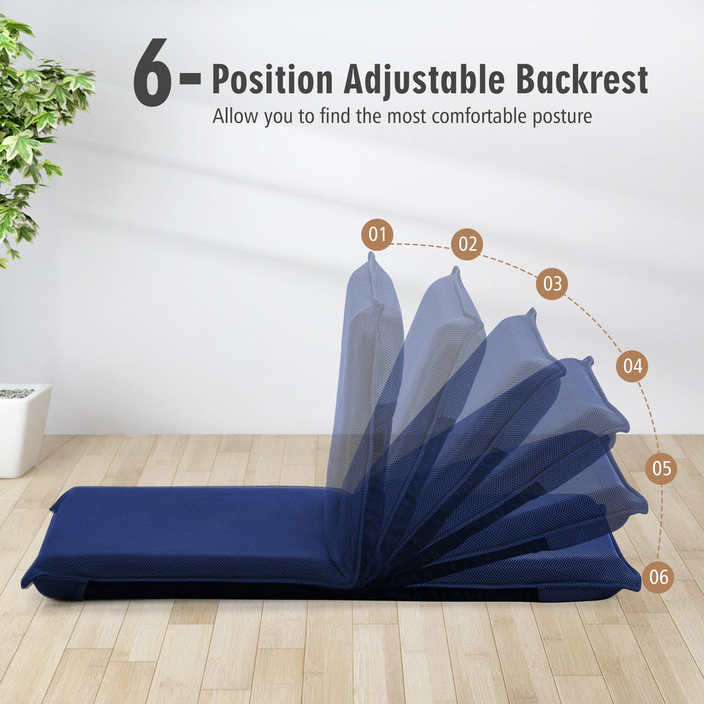 Adjustable 6-position navy floor chair showcasing its flexibility for comfortable seating in any room.
