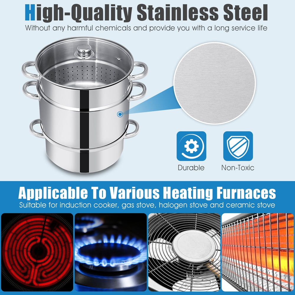 11-quart stainless steel pan juicer steamer with tempered glass lid, suitable for gas and induction cooktops.