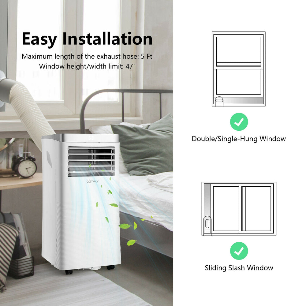 Portable 8000 BTU air conditioner with remote control, compact design, ideal for cooling and dehumidifying any room.