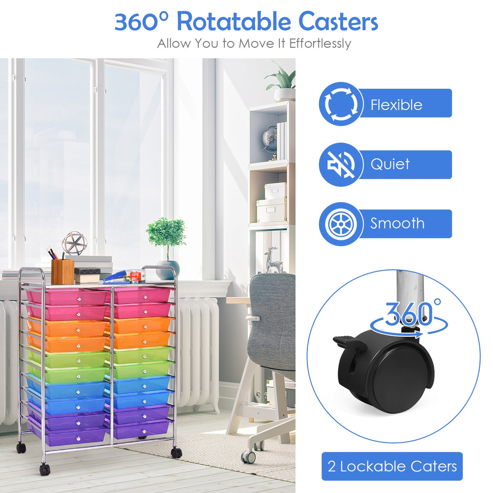 Colorful 20-drawer rolling cart with metal frame and 4 universal wheels, ideal for organizing home or studio supplies.