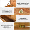 Detail of the acacia wood storage bench box showing the galvanized hardware and convenient metal handle for easy access.