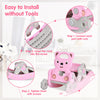 4-in-1 pink toddler slide and rocking horse playset showing assembly steps for easy installation without tools.