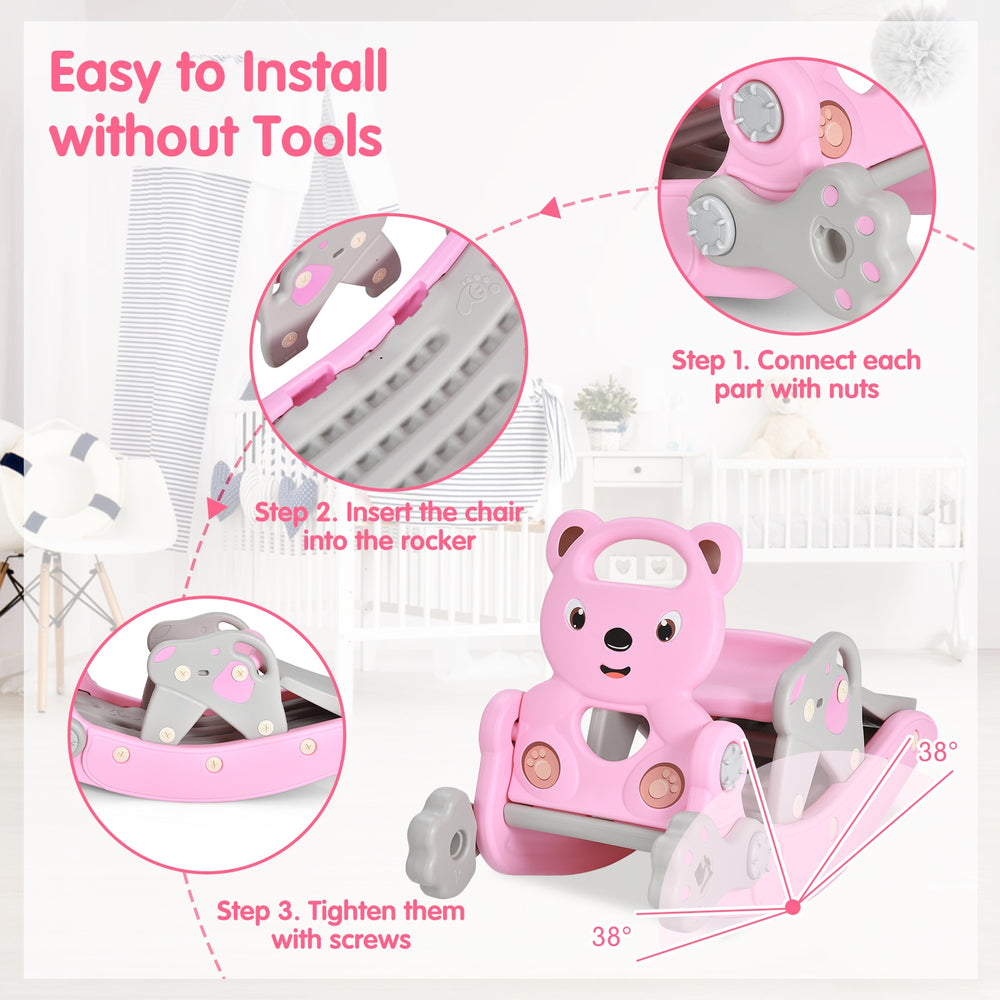 4-in-1 pink toddler slide and rocking horse playset showing assembly steps for easy installation without tools.