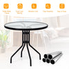 Round 32-inch outdoor patio table with tempered glass top and umbrella hole, featuring a durable black steel frame.