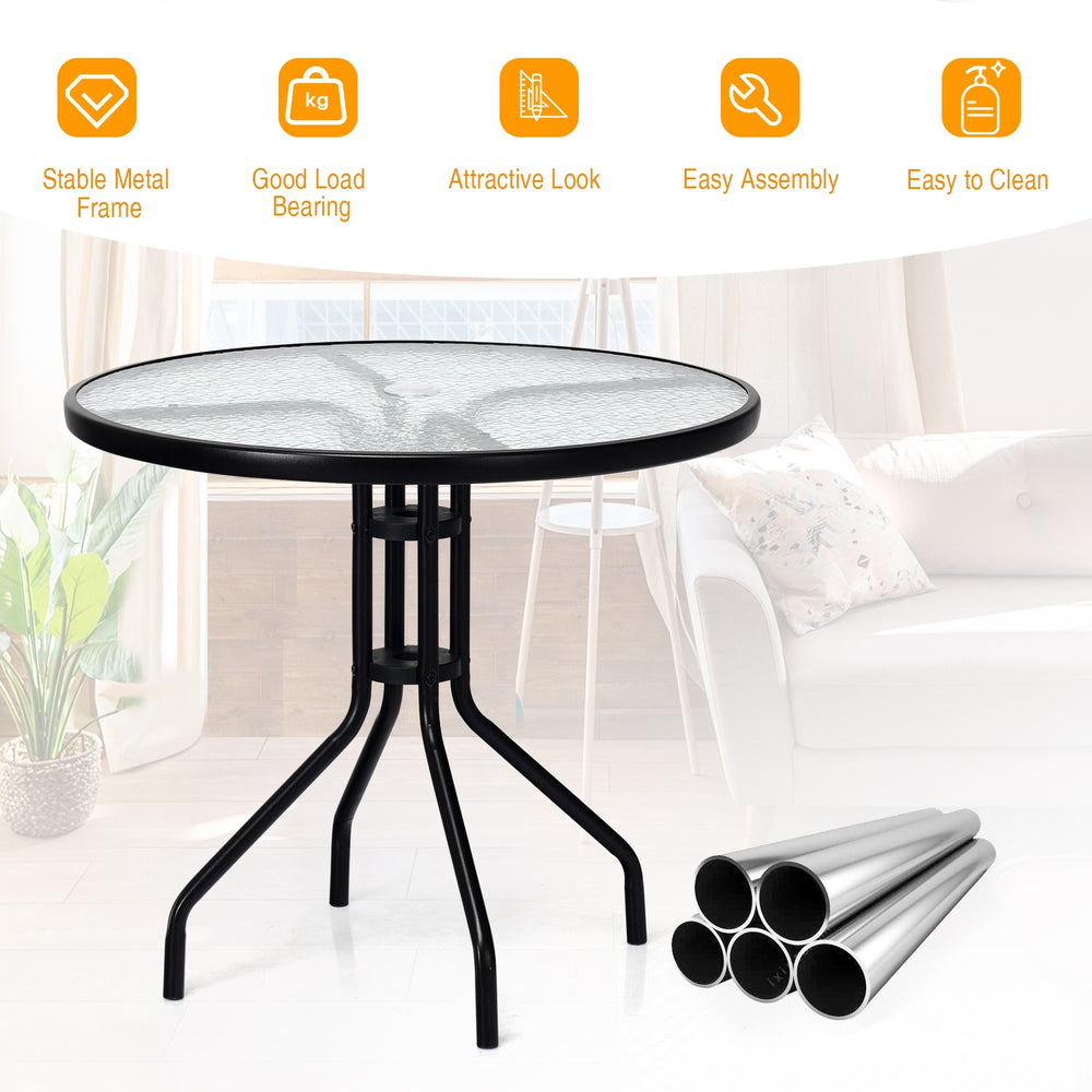 Round 32-inch outdoor patio table with tempered glass top and umbrella hole, featuring a durable black steel frame.