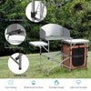 Foldable outdoor BBQ grilling table with windscreen, sturdy aluminum frame, large surface, and zippered storage bag.