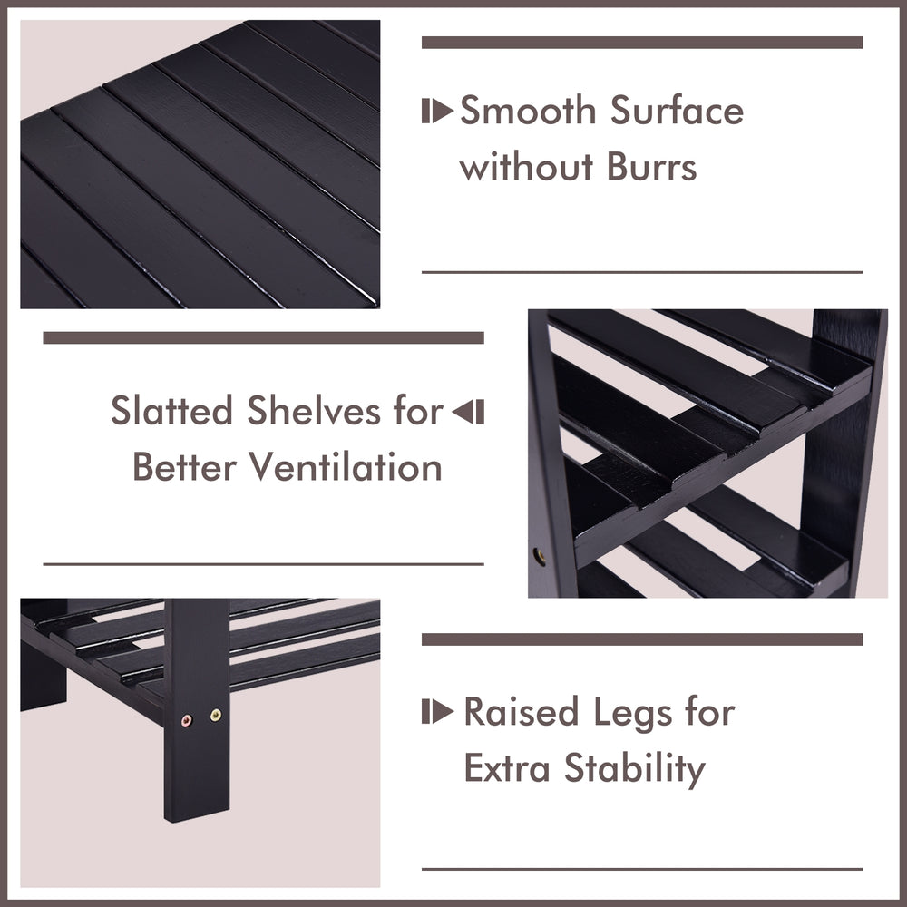 Black 3 tier bamboo shoe shelf with slatted shelves for ventilation and raised legs for stability, perfect for home use.