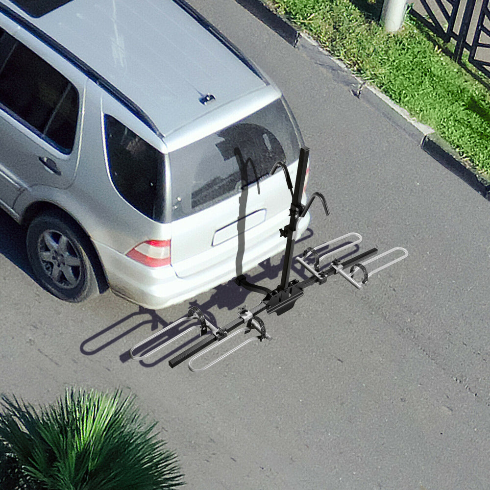 2-bike hitch mount bike rack in black, adjustable wheel holders, suitable for 1-1/4" and 2" receivers, ideal for SUVs.