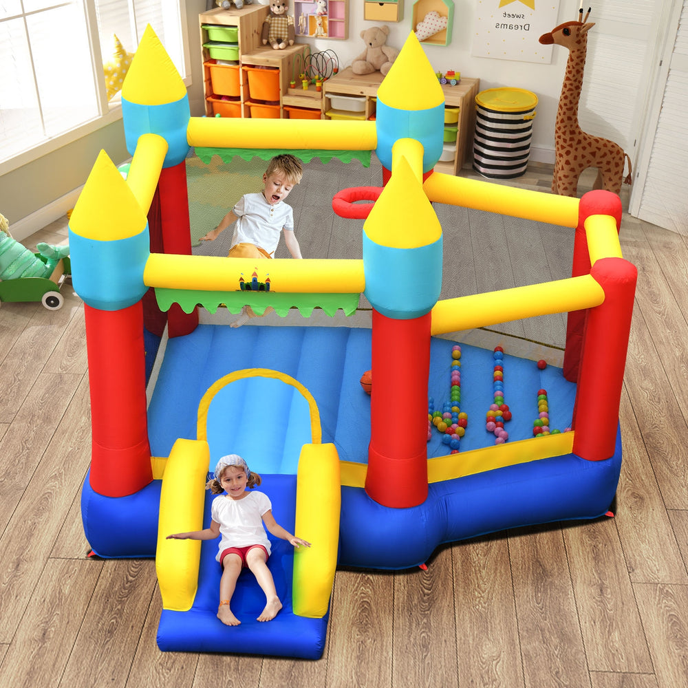 Inflatable bounce slide jumping castle with dual jumping areas, colorful ocean balls, and a wide slide for kids' fun.