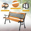 Outdoor cast iron patio bench with solid wood seat, ergonomic armrest, and special pattern for comfortable seating.