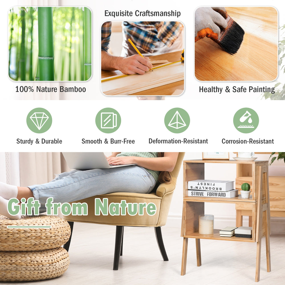 Bamboo nightstand sofa table set with storage shelf, sturdy design, smooth surface, ideal for living room or bedroom.