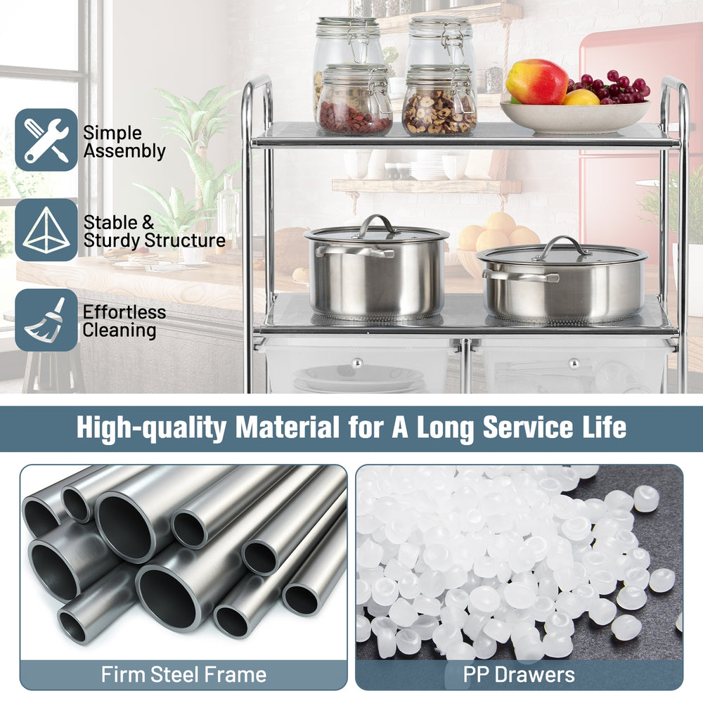 Rolling storage cart with 4 drawers and 2 mesh shelves, made of steel for durability, ideal for kitchen or office use.