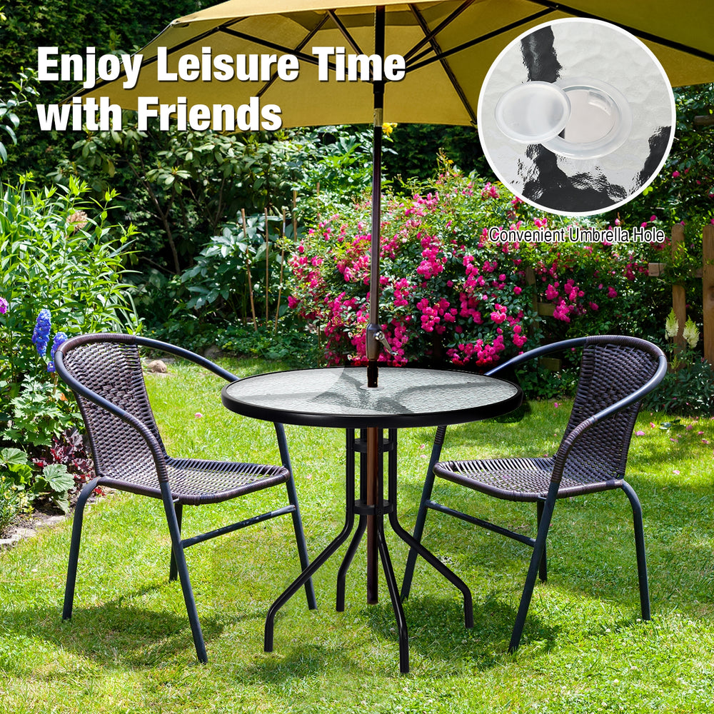 glass top patio table with umbrella hole Square Outdoor Dining Table, Metal Tempered With a seating capacity for up to four family members 32 Inch Outdoor Patio Round