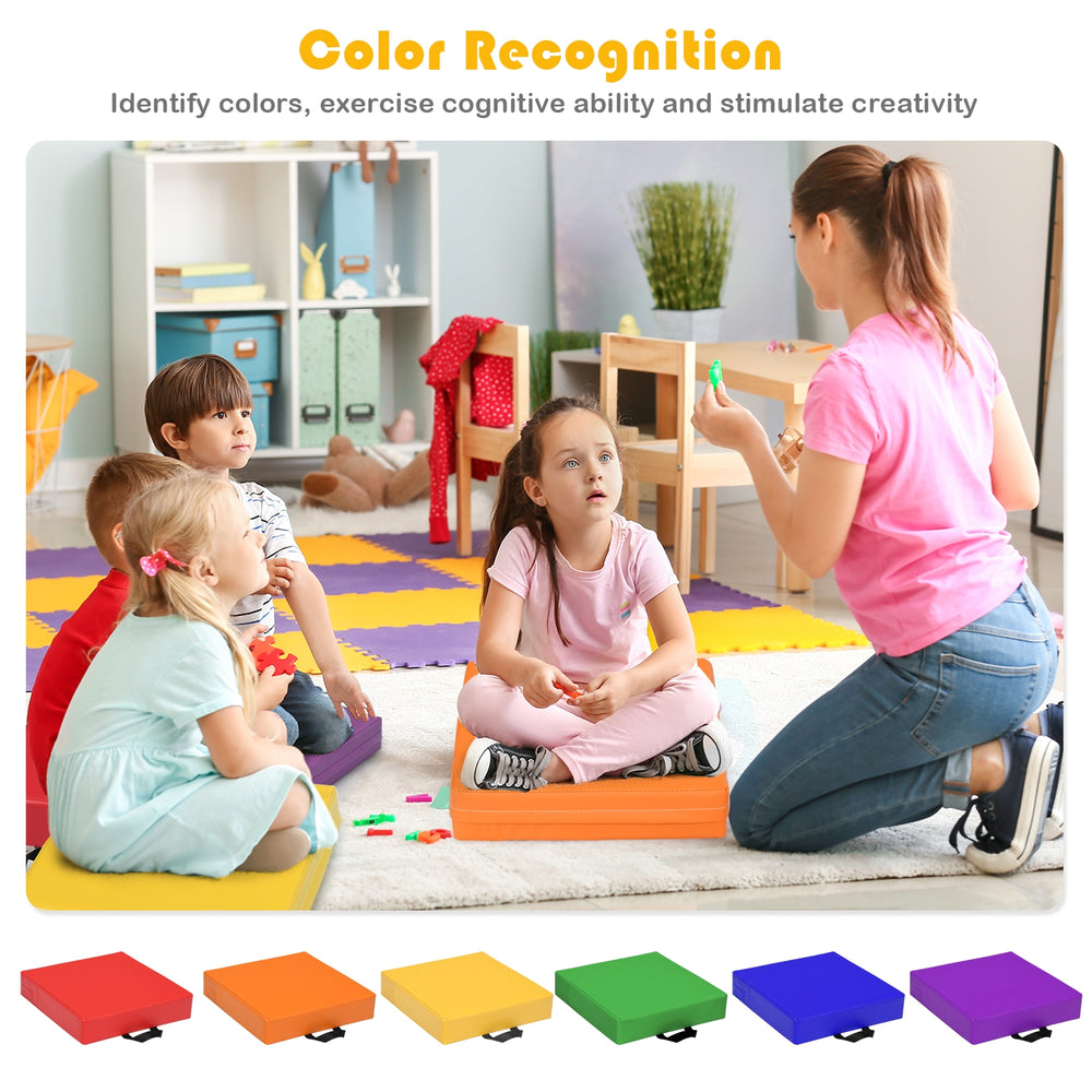 Colorful 15-inch square toddler floor cushions made of durable foam, perfect for cognitive development and creativity.