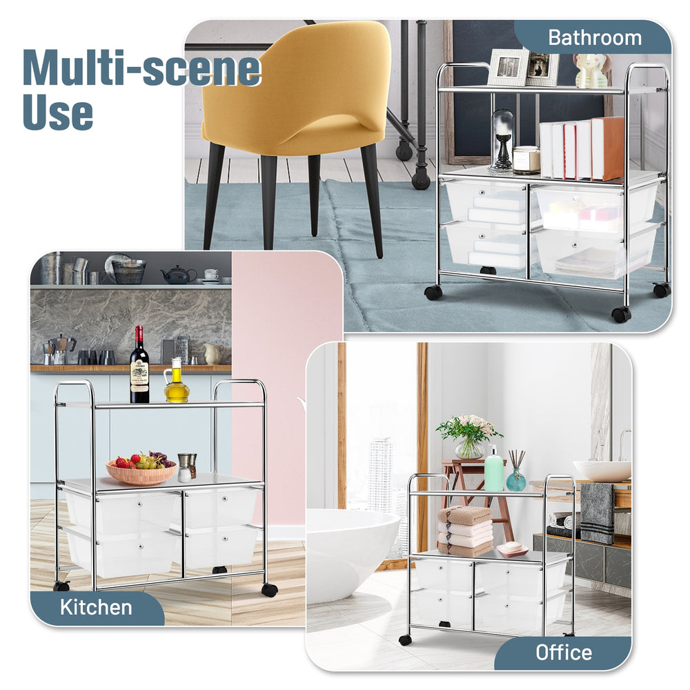 Rolling storage cart with 4 big drawers and 2 mesh shelves, ideal for kitchen, office, or living room organization.