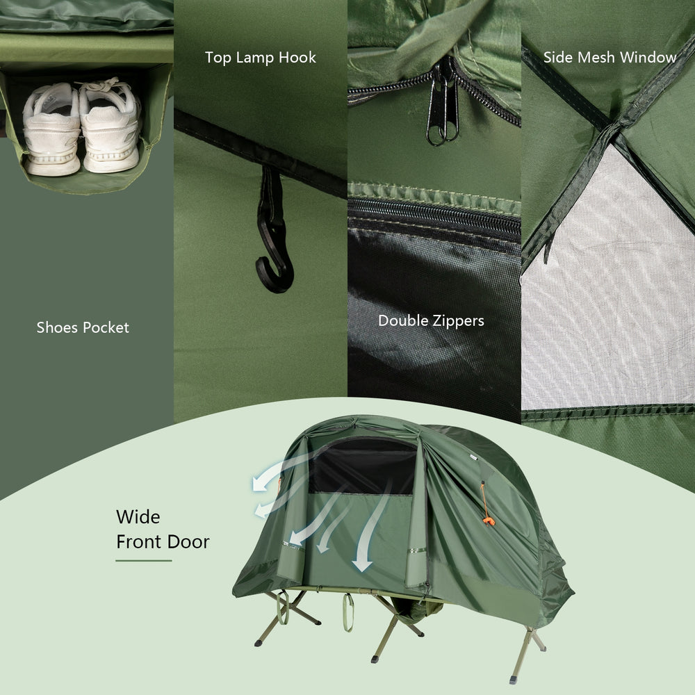 Cot elevated compact tent set in green with side mesh window, double zippers, and shoes pocket for camping convenience.