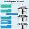 Multi-layered 11-quart stainless steel steamer pot with transparent lid, ideal for making fresh juice and soups.