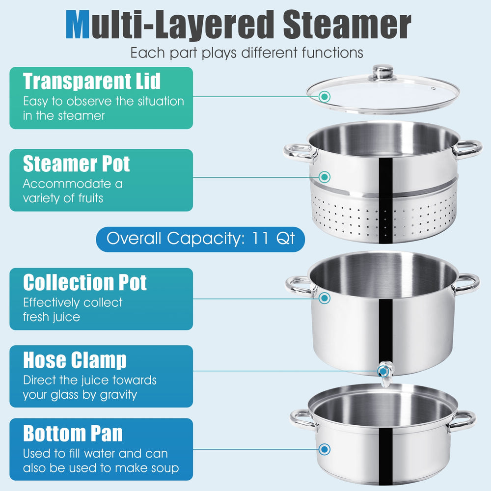 Multi-layered 11-quart stainless steel steamer pot with transparent lid, ideal for making fresh juice and soups.