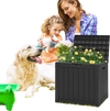 Black 30-gallon deck box storage container with lockable lid, used as a patio bench for outdoor gardening.