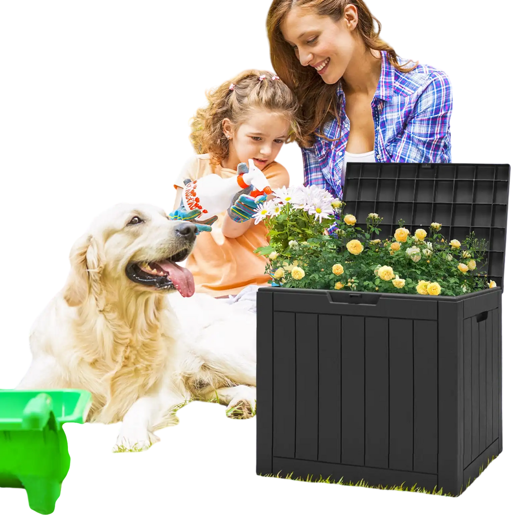 Black 30-gallon deck box storage container with lockable lid, used as a patio bench for outdoor gardening.