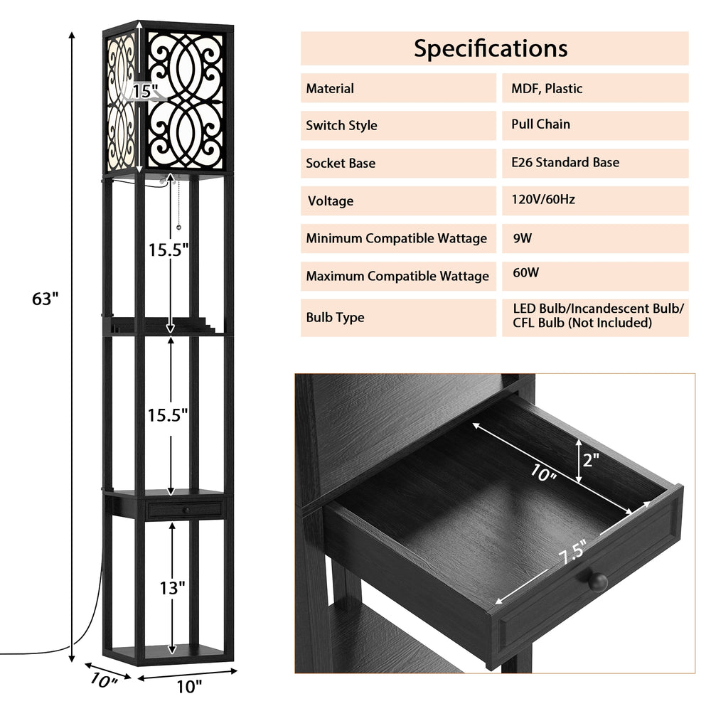 Modern standing shelf lamp with 3 open shelves, 1 drawer, 1 power outlet, and 2 USB ports for convenient charging.