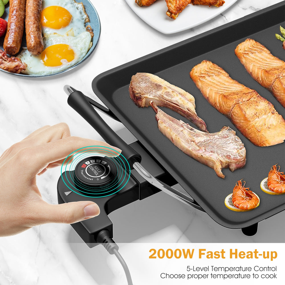 Electric griddle with 35" cooking area, 2000W power, and adjustable temperature for easy, healthy cooking.