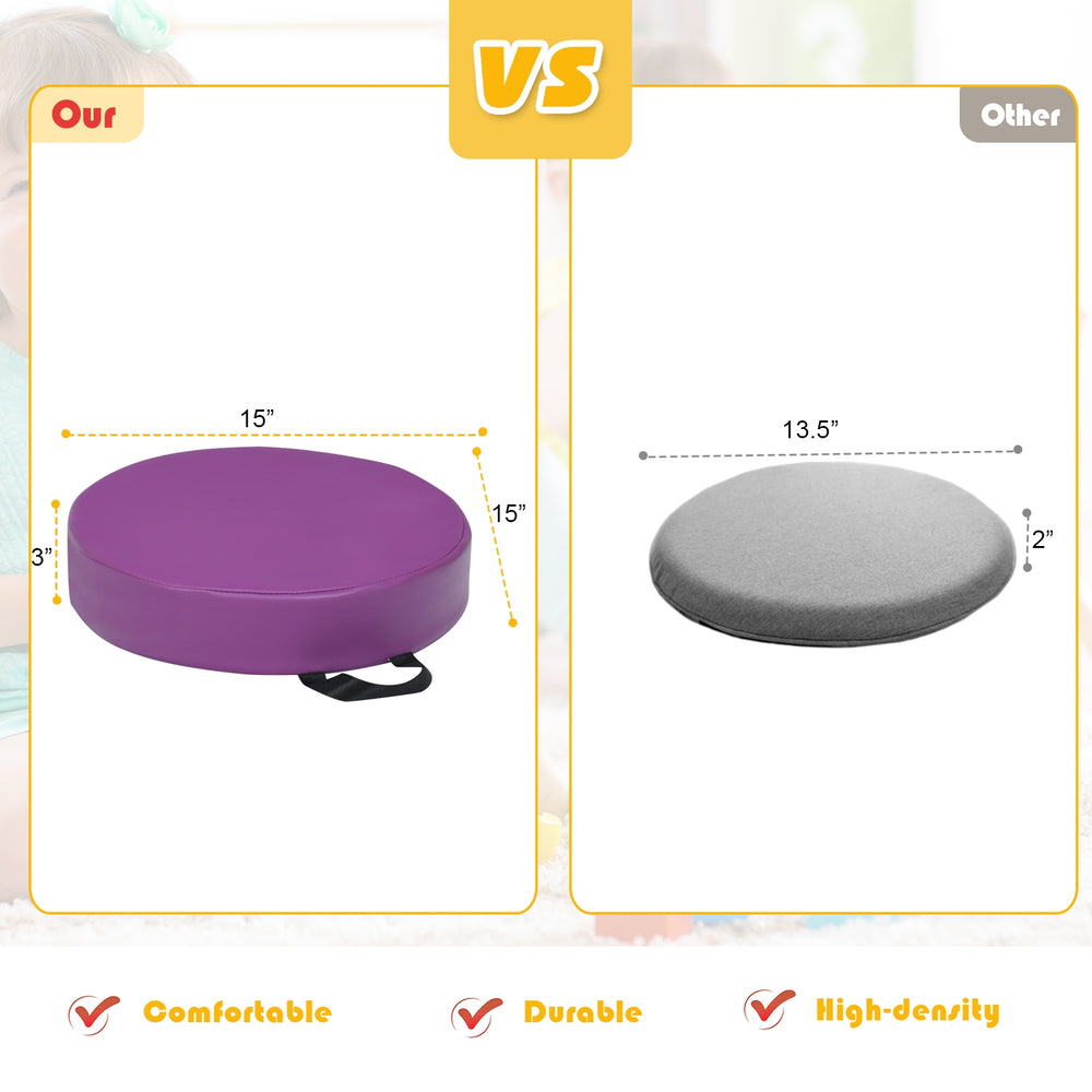 Round 15-inch toddler floor cushion in purple, made of waterproof PU and high-density EPE, ideal for kids' comfort and.