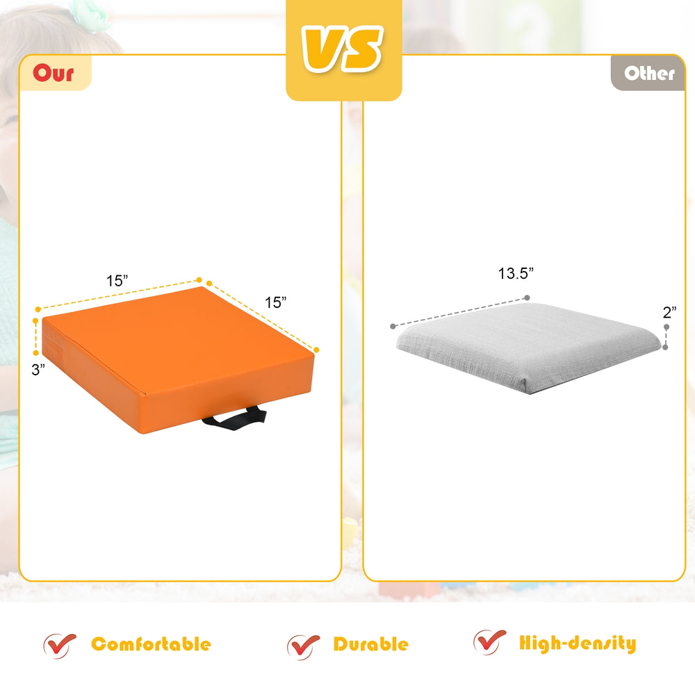 Multicolor 15-inch square toddler floor cushion with waterproof cover, 3" thick foam, and ergonomic handle for easy.