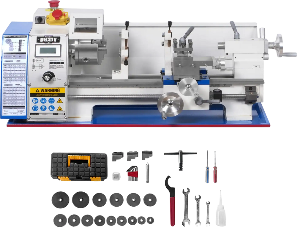 1.5‘’ Spindle Bore Metal Lathe Machine 8'' x 16'' High Precision Brushless Motor Mini 1.5HP Benchtop 0-2500 RPM Variable Speed Metal Working Machine 1.5‘’ Spindle Bore Small Lathe without Stand 0831V