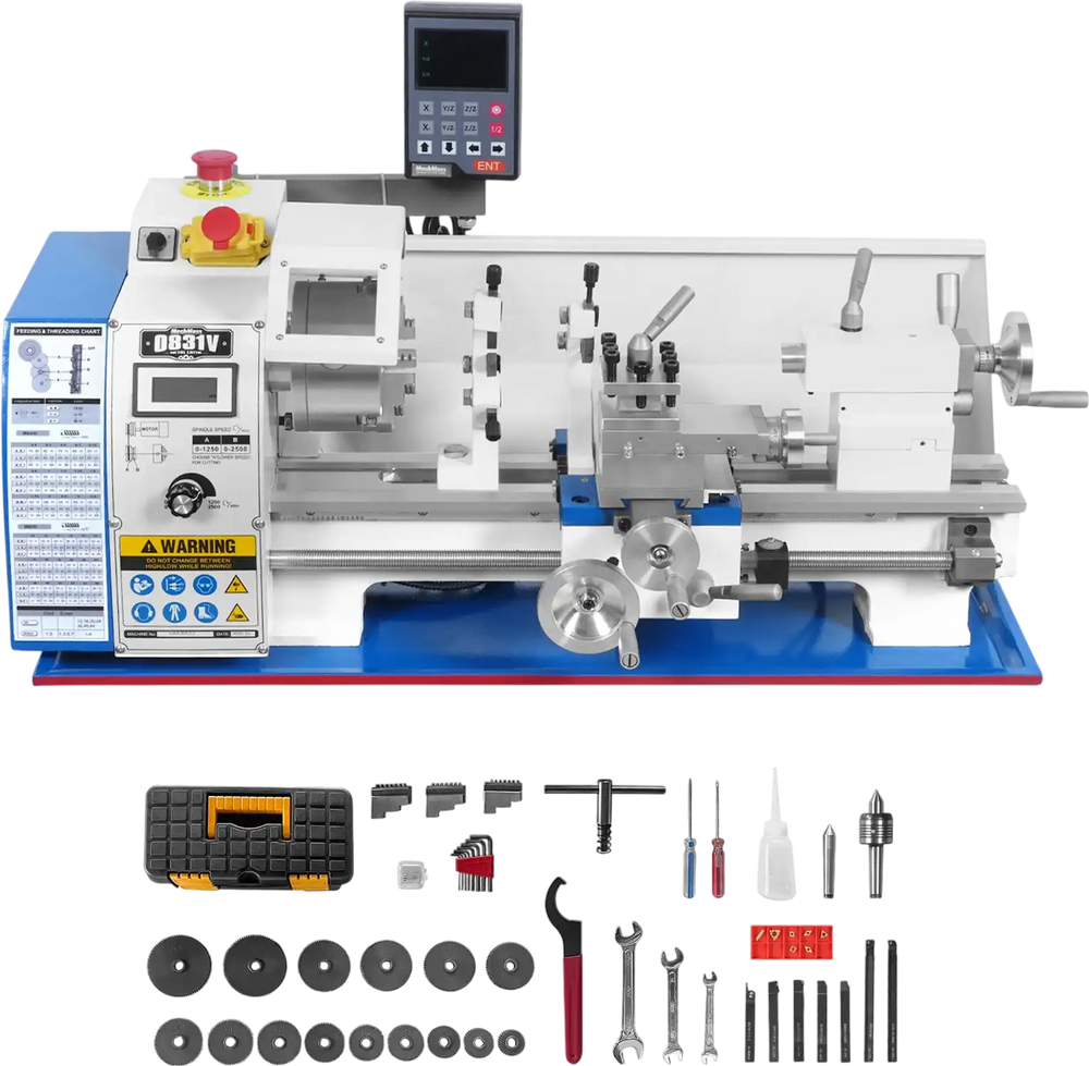 1.5‘’ Spindle Bore Metal Lathe Machine with DRO 8'' x 16'' High Precision Brushless Motor Mini 1.5HP Benchtop 0-2500 RPM Variable Speed Metal Working Machine 1.5‘’ Spindle Bore Small Lathe without Stand 0831VD