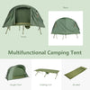 Elevated compact tent set in green with external cover, cot, and air mattress for comfortable camping experiences.