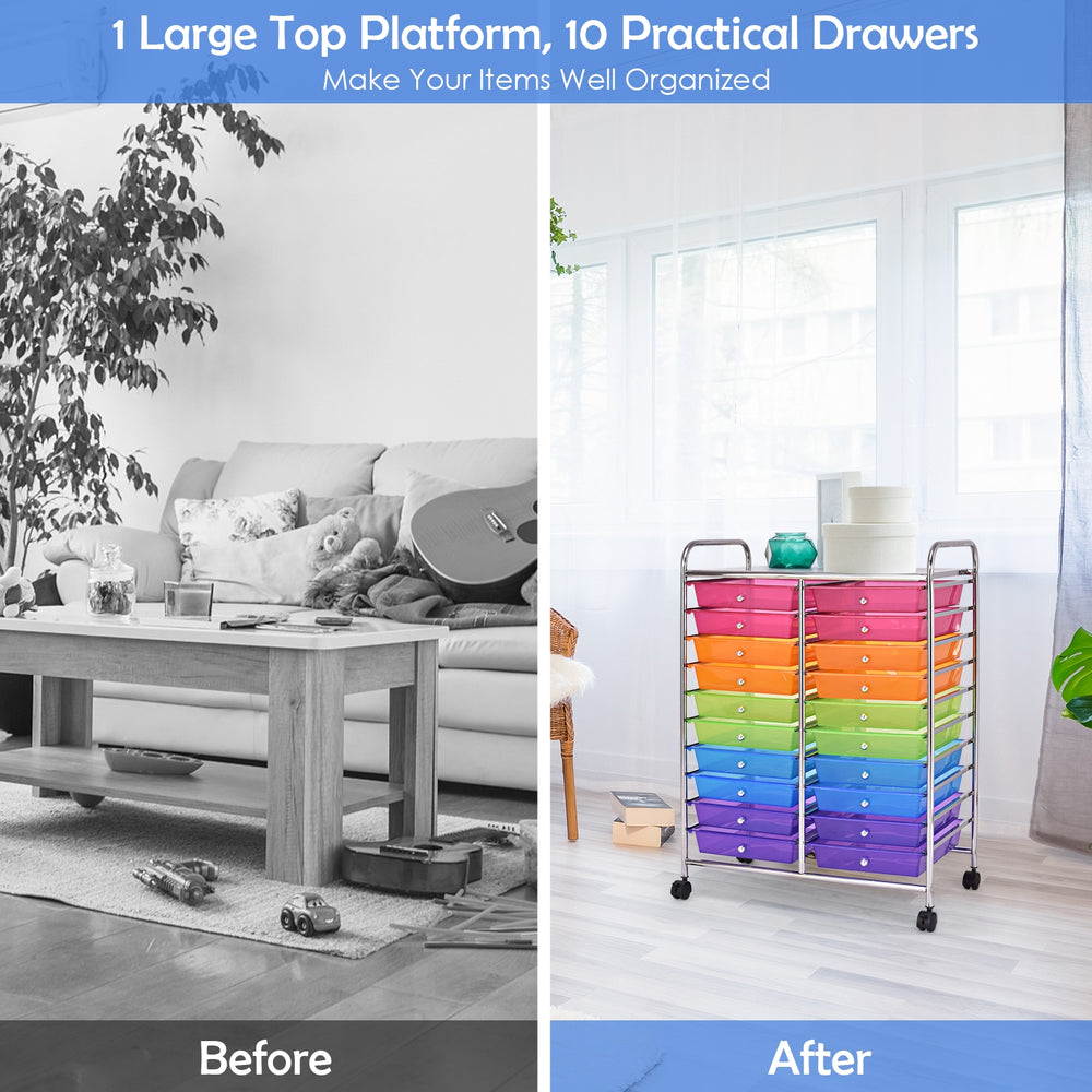 Colorful 20-drawer rolling cart with metal frame and wheels, ideal for organizing art supplies in home or classroom.