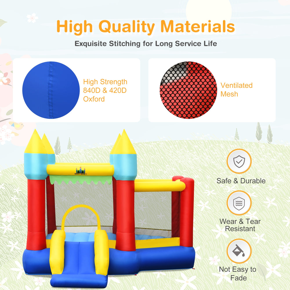 Inflatable bounce slide jumping castle featuring colorful design, durable 420D+840D oxford cloth, and dual jumping.
