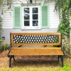 Outdoor cast iron patio bench with solid wood seat, PVC backrest pattern, and a capacity of 463 lbs for garden seating.