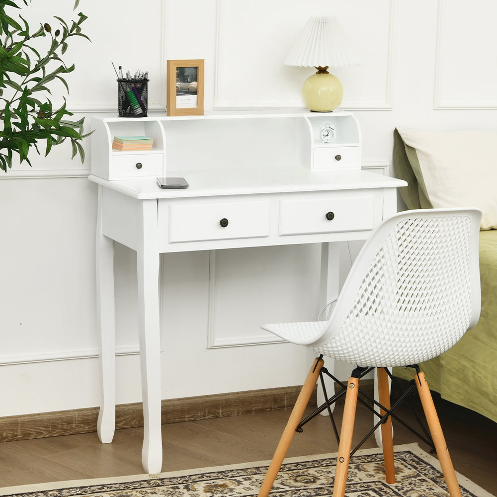 White writing desk with 4 drawers and detachable storage cabinet, ideal for dressing or writing in any home decor.