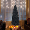 Black 6ft unlit artificial pencil tree with dense branch tips, perfect for Halloween and Christmas decorations.