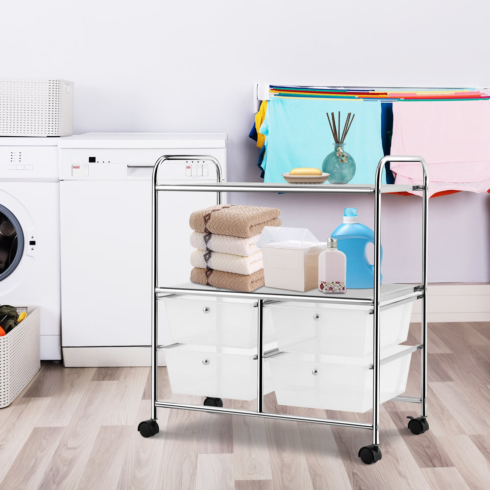 Side view of the rolling storage cart featuring 4 spacious drawers and 2 mesh shelves, perfect for efficient.