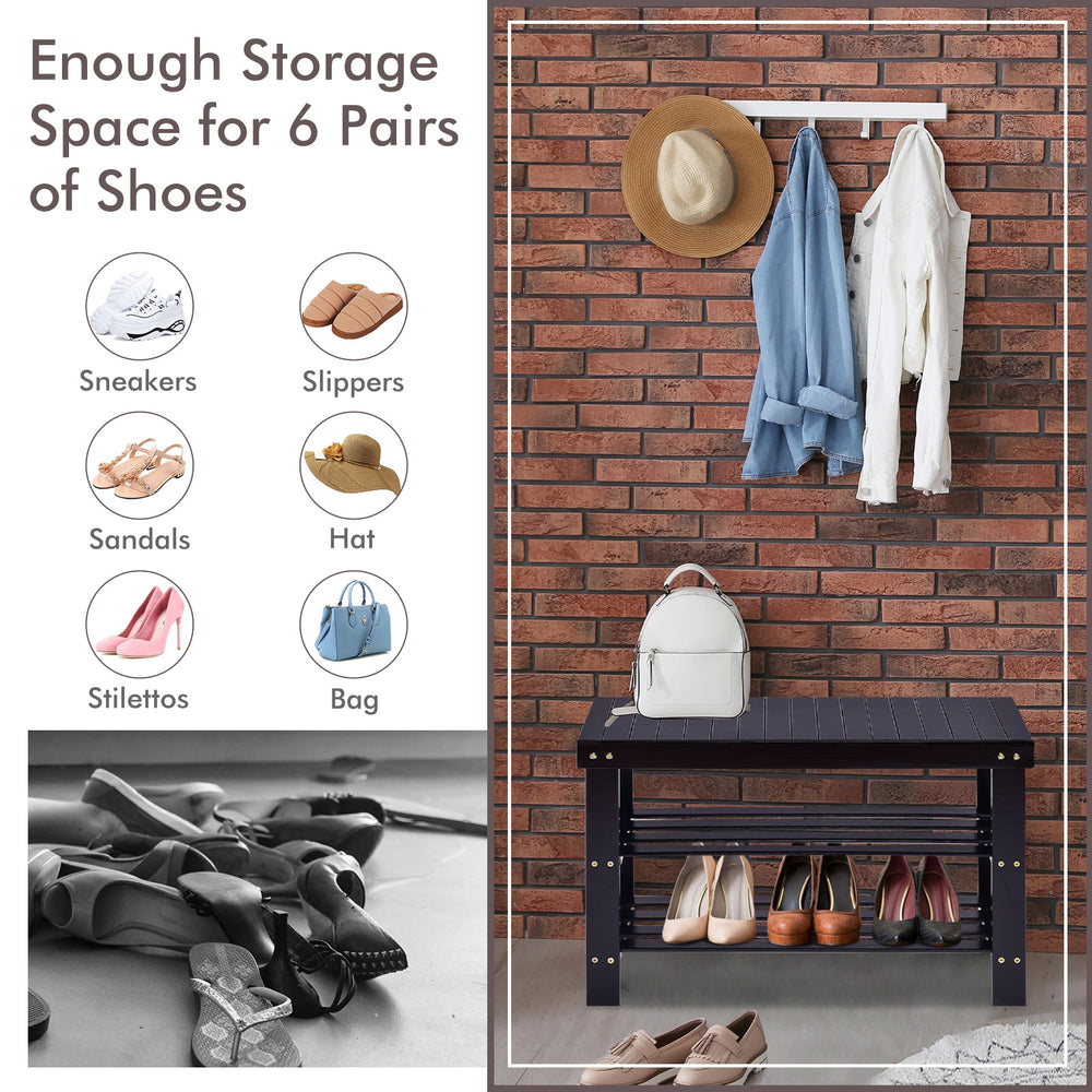 Black 3 tier bamboo bench shoe shelf with space for 6 pairs of shoes, ideal for entryway or bedroom storage.