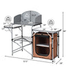 Foldable outdoor BBQ grilling table with windscreen, aluminum frame, large surface, and zippered storage bag for.