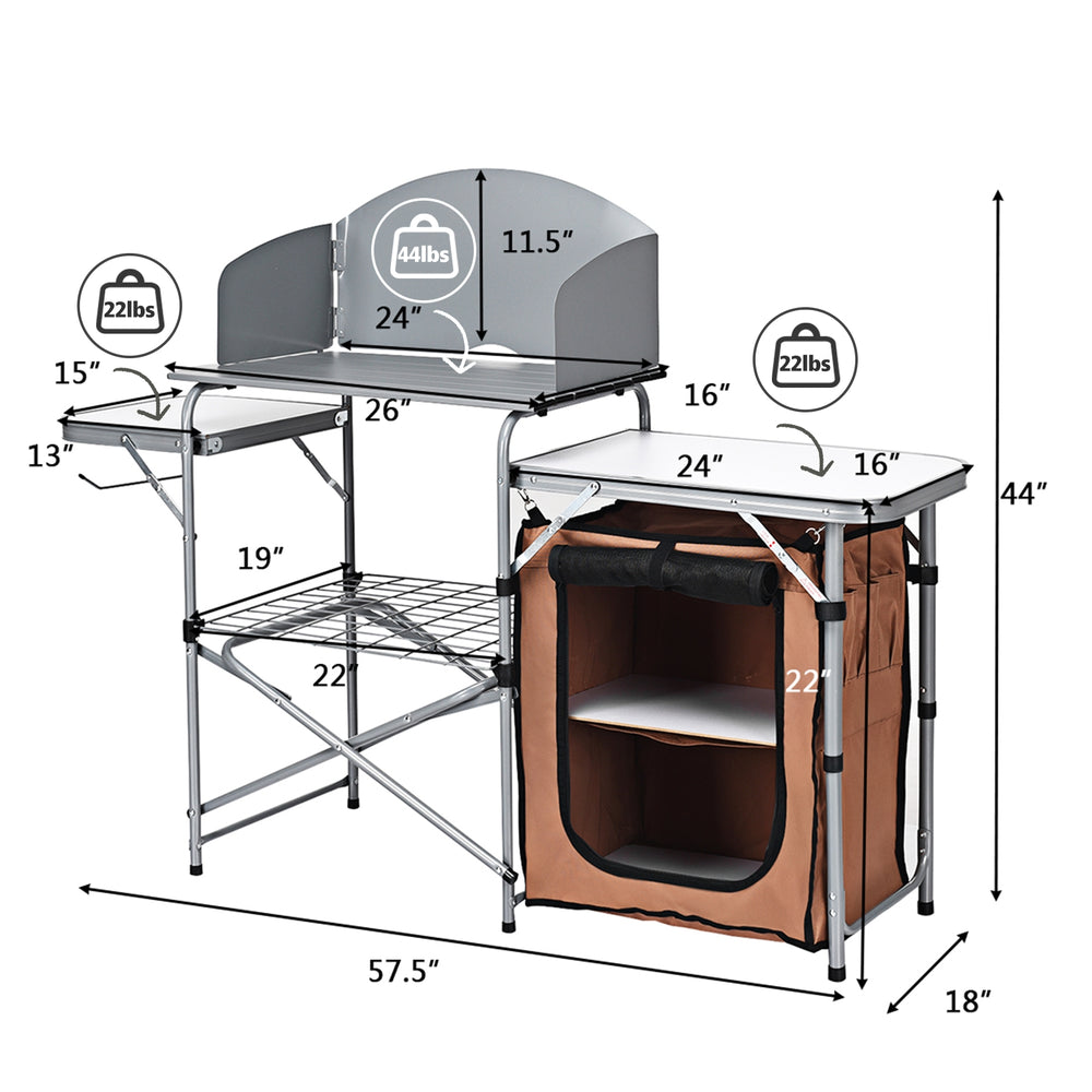Foldable outdoor BBQ grilling table with windscreen, aluminum frame, large surface, and zippered storage bag for.