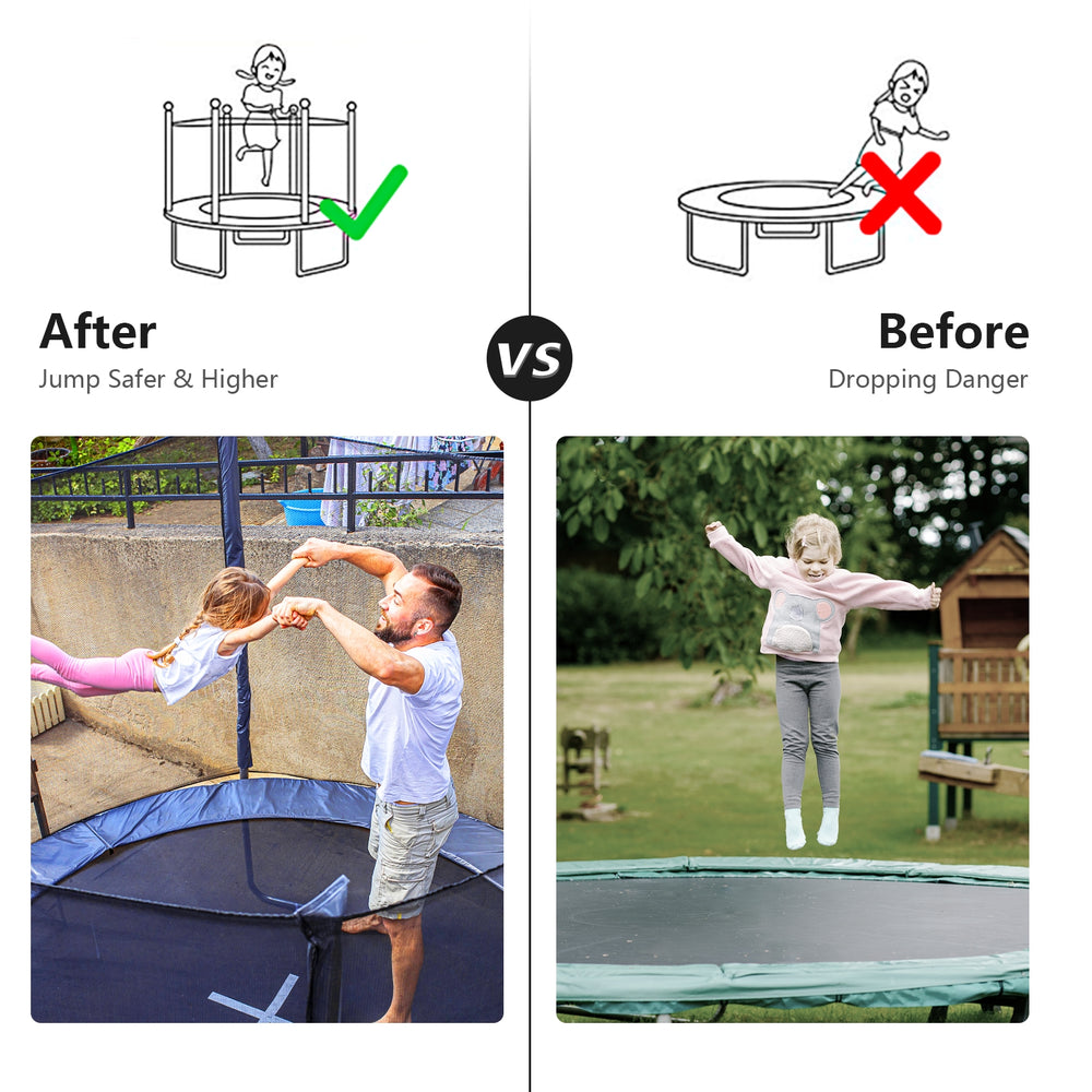 8FT trampoline safety enclosure net showing before and after safety features, made of durable PE material for.