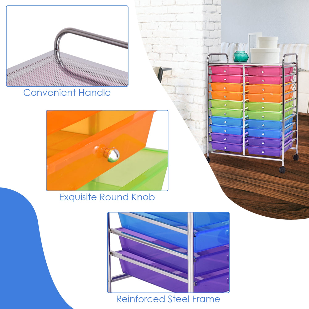 Colorful 20-drawer rolling cart with a reinforced steel frame and convenient handles, ideal for organizing supplies.