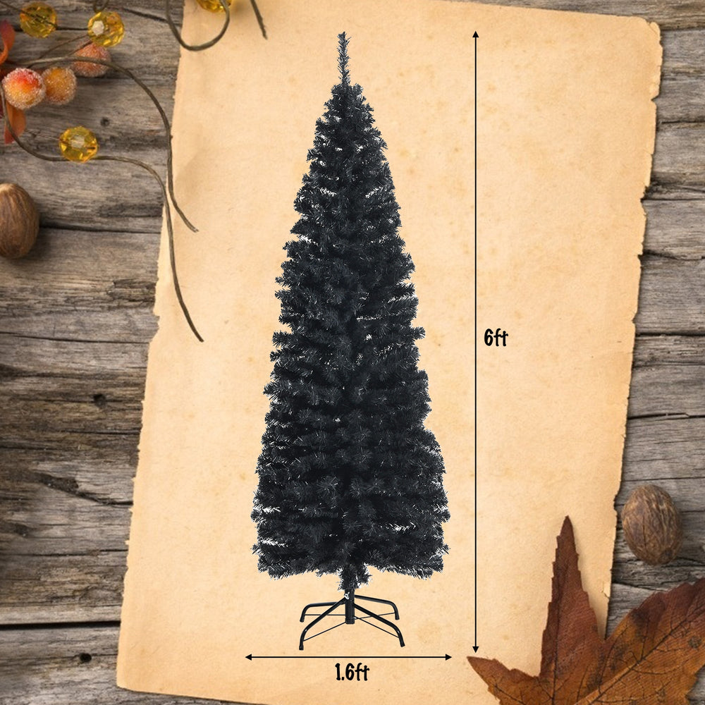 Black 6ft unlit artificial pencil tree with 520 branch tips and metal stand, perfect for Halloween and Christmas.