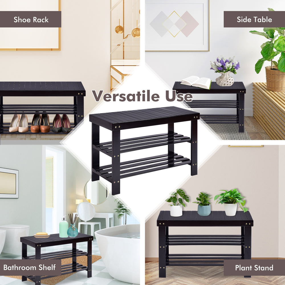 3-tier black bamboo bench storage shoe shelf, versatile for shoes, plants, or as a side table in any room.