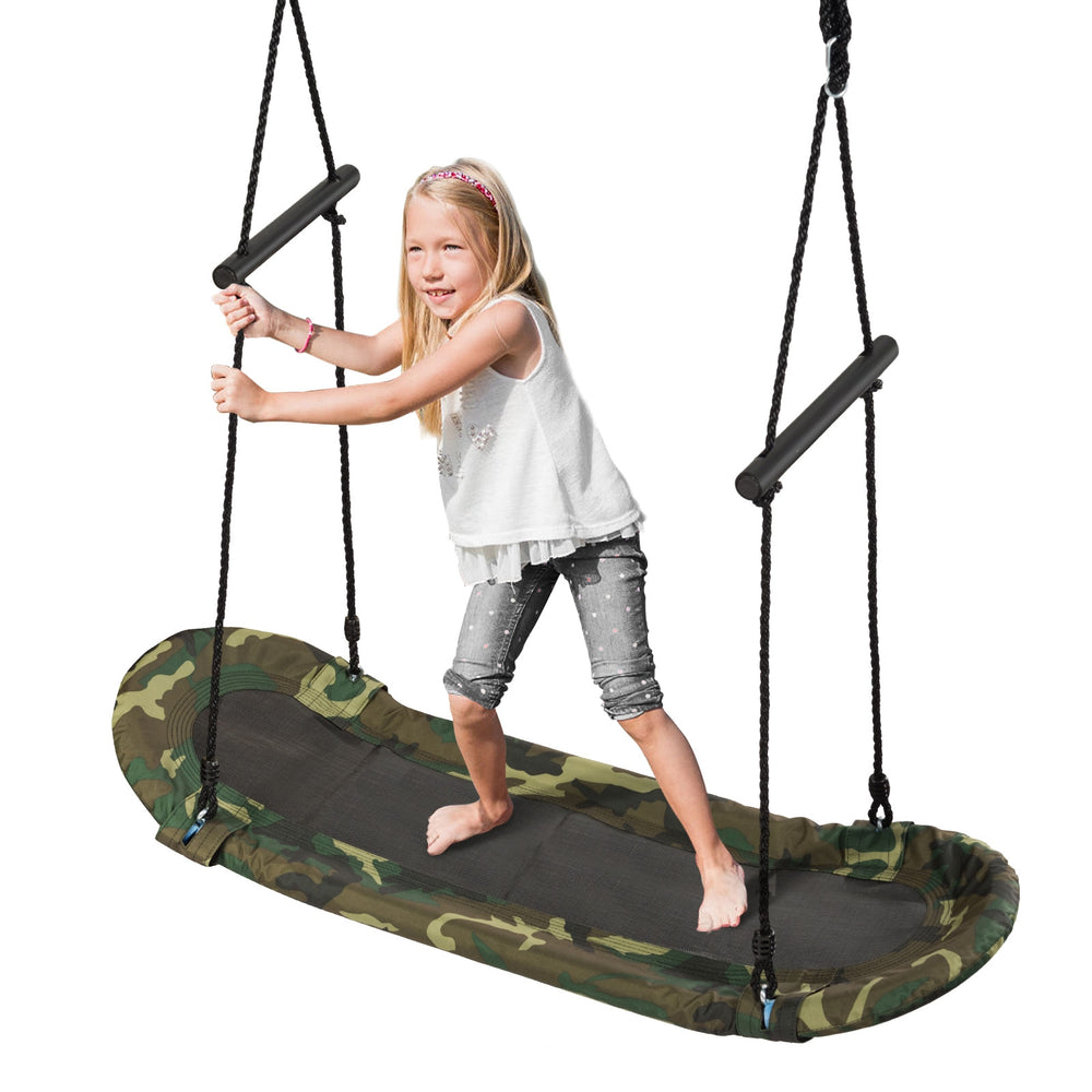 Kids enjoying the Saucer Tree Swing with adjustable height, made of durable oxford cloth and metal frame for outdoor.