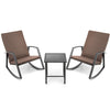 3-piece patio rattan rocking furniture set in brown with breathable cushions and a glass-top side table for outdoor.