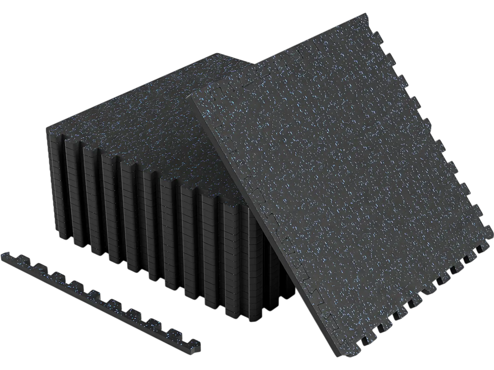 Interlocking rubber top exercise mats with blue speckles provide 48 sq. ft. coverage for home gym and fitness spaces.