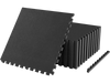 Black rubber top exercise mat set includes 18 interlocking tiles, providing 70 sq.ft of cushioned, anti-slip workout space.