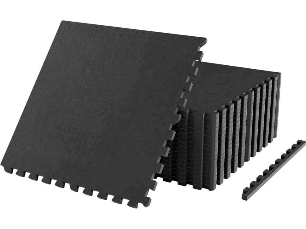 Black rubber top exercise mat set includes 18 interlocking tiles, providing 70 sq.ft of cushioned, anti-slip workout space.