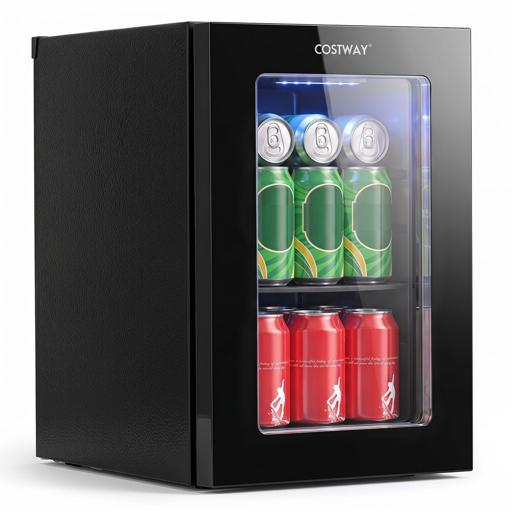 Compact 0.6 Cu.Ft black beverage refrigerator holds 24 cans with adjustable thermostat and low-noise performance.